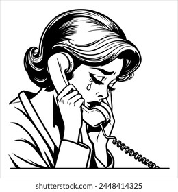 1960s woman crying on the phone simple minimalist clean line art comic without shadows black and white 07