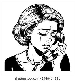 1960s woman crying on the phone simple minimalist clean line art comic without shadows black and white 04