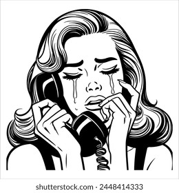 1960s woman crying on the phone simple minimalist clean line art comic without shadows black and white 06