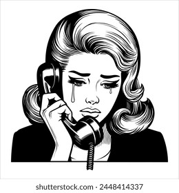 1960s woman crying on the phone simple minimalist clean line art comic without shadows black and white 02