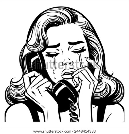 1960s woman crying on the phone simple minimalist clean line art comic without shadows black and white 06