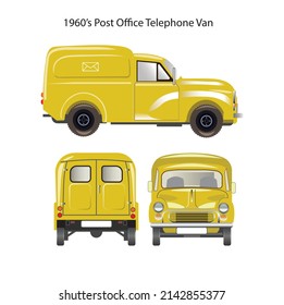 1960's yellow post office van, historic  car portrait, vector illustration of a vintage car in three projections: fron, side and rear view. Orthographic Projection