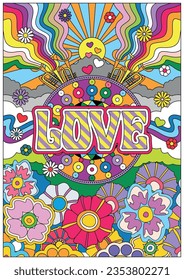 1960s-1970s Psychedelic Hippie Style Colorful Flowers Love Emblem Poster