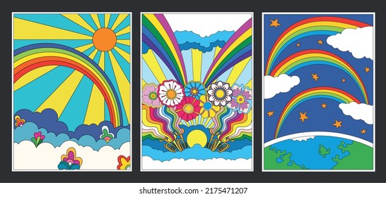 Retro Style Psychedelic Landscape Backgrounds Set von 1960s-1970s