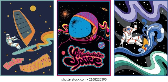 1960s-1970s Retro Style Space Illustrations. Psychedelic Style Posters Set