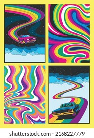 1960s-1970s Style Psychedelic Car Racing Arts. Bright Retro Colors Backgrounds Set