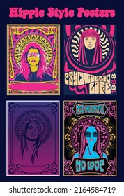 1960s-1970s Style Psychedelic Colors Woman Portrait Posters Set 