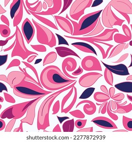 A 1960s-inspired Pucci-style pattern of pink, blue, and plum colored flowers and leaves on a white background.