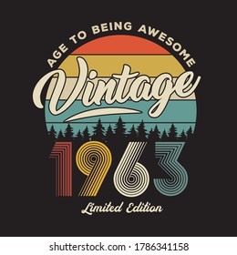 Diseño de camisetas retro vintage de 1963, vector, fondo negro