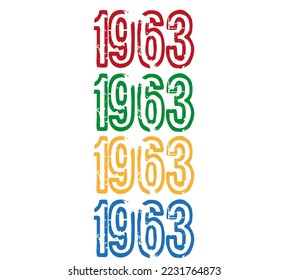 Celebración de 1963. Banner con el año en diferentes colores sobre un fondo blanco para fechas especiales