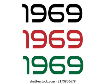 1969 año. Año de conmemoración en negro, rojo y verde. Vetor con fondo blanco.