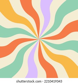 1970 abstraktes, grobes Trippmuster. Wavy Swirl 70er Jahre Stil. Hippie ästhetischer, flüssiger, quadratischer Hintergrund. Psychedelische, kurvige Balken, die vom Zentrum abweichen. Optische Illusion. Vektorgrafik