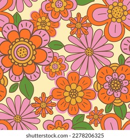 1970 Boho Vector Background. Colorful Floral Seamless Pattern. Groovy Daisy Pattern, hippie aesthetic.  Psychedelic folk Wallpaper, Fabric, Wrapping paper, Tee shirt. Retro ethnic ornament.