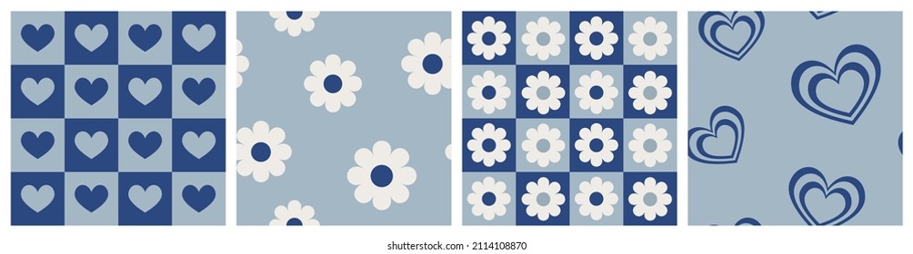 1970 Chamomile and Heart Retro Seamless Pattern on Blue Checkered Background. Hand-Drawn Vector Illustration. Seventies Style, Groovy Floral Background, Wallpaper, Print. Flat Design Hippie Aesthetic.