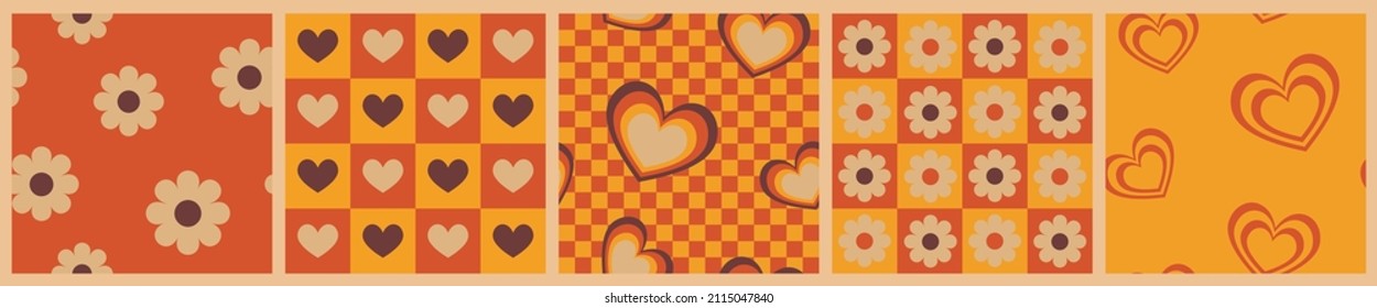 1970 Chamomile And Heart Retro Seamless Pattern On Orange Checkered Background. Hand-Drawn Vector Illustration. Seventies Style, Groovy Floral Background, Wallpaper. Flat Design, Hippie Aesthetic.