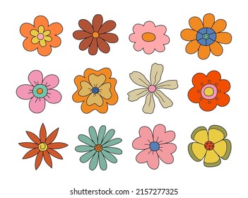 Fleurs de marguerite de 1970. Collection de différentes fleurs rétro. Illustration vectorielle isolée sur fond blanc.