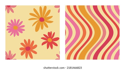 1970 Flores de margarita, líneas onduladas coloridas Patrón sin mar en colores amarillo, rojo y rosado. Ilustración de vectores de mano. Estilo Setenta, Fondo Groovy, Papel de escritorio. Diseño plano, estética hippie.