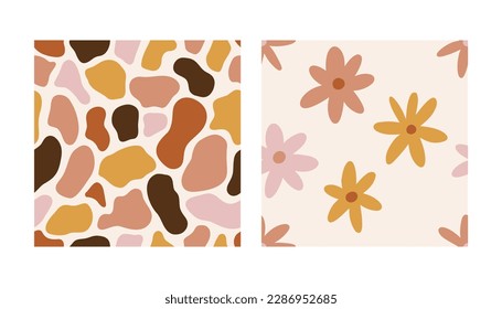 1970 Daisy Flowers Colorful wavy lines Pattern Set