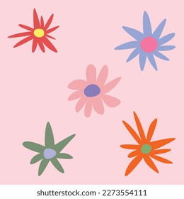 1970 Daisy Flowers. Hand-Drawn Vector Illustration. Seventies Style, Groovy Background, Wallpaper. Flat Design, Hippie Aesthetic.