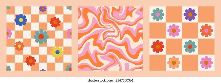 1970 Daisy Flowers on Checkered Background, Wavy Swirl Seamless Pattern Set in Orange, Pink Colors. Hand-Drawn Vector Illustration. Seventies Style, Groovy Background. Flat Design, Hippie Aesthetic.