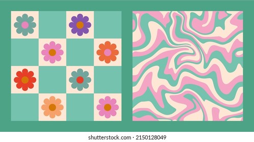 1970 Daisy Flowers on Grid Background, Wavy Swirl Seamless Pattern Set in Azur Colors. Hand-Drawn Vector Illustration. Seventies Style, Groovy Background, Wallpaper. Flat Design, Hippie Aesthetic.