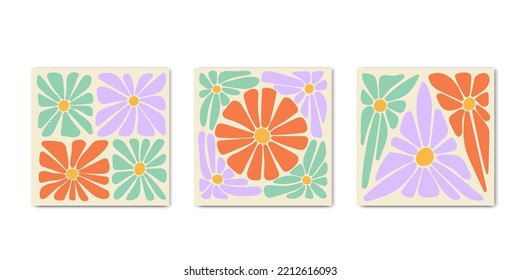 1970 daisy flowers retro square covers set. Abstract groovy trippy floral pattern. Minimalistic vintage poster card, wall art, banner, background. Vector illustration