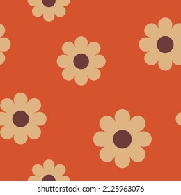 1970 Daisy Flowers Seamless Pattern in Earth tone. Hand-Drawn Vector Illustration. Doodle Style, Groovy Background, Wallpaper, T-shirt. Seventies Hippie Aesthetic. Boho basic background design.