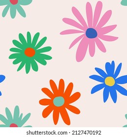 1970 Daisy Flowers Seamless Pattern in Multi-colored palette. Hand-Drawn Vector Illustration. Doodle Style, Groovy Background, Wallpaper, T-shirt. Hippie Aesthetic. Boho background design for kids.