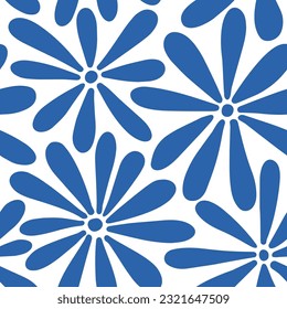 1970 Daisy Flowers Seamless Pattern in Blue Color. Hand-Drawn Doodle Vector Illustration. Basic Background, Wallpaper, T-shirt. Hippie Aesthetic. Cute Boho design for kids.