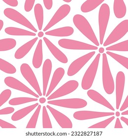 1970 Daisy Flowers Seamless Pattern in Pink Color. Hand-Drawn Doodle Vector Illustration. Groovy Background, Wallpaper, T-shirt. Hippie Aesthetic. Cute Boho background design for kids.