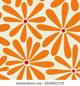 1970 Daisy Flowers Seamless Pattern in Orange-Red palette. Hand-Drawn Doodle Vector Illustration. Groovy Background, Wallpaper, T-shirt. Hippie Aesthetic. Cute Boho background design for kids.