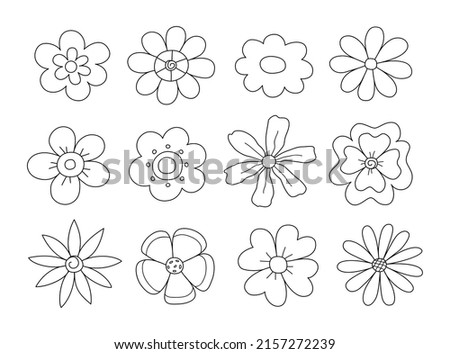 1970 daisy flowers set. Simple linear vector illustration.
