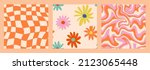 1970 Daisy Flowers, Trippy Grid, Wavy Swirl Seamless Pattern Pack in Orange, Pink Colors. Hand-Drawn Vector Illustration. Seventies Style, Groovy Background, Wallpaper. Flat Design, Hippie Aesthetic.