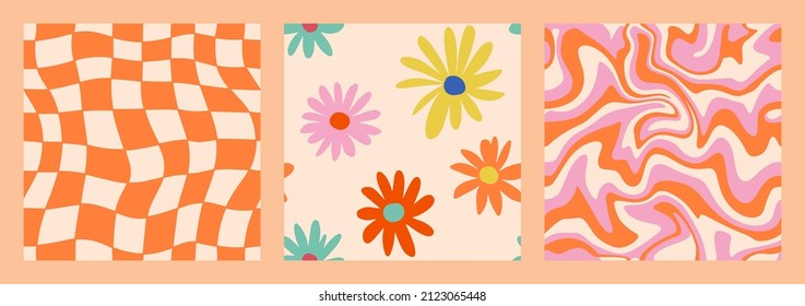 1970 Daisy Flowers, Trippy Grid, Wavy Swirl Seamless Pattern Set in Orange, Pink Colors. Hand-Drawn Vector Illustration. Seventies Style, Groovy Background, Wallpaper. Flat Design, Hippie Aesthetic.