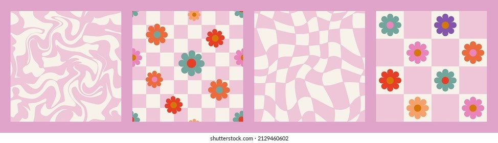 1970 Daisy Flowers, Trippy Grid, Wavy Swirl Seamless Pattern Set in White, Pink Colors. Hand-Drawn Vector Illustration. Seventies Style, Groovy Background, Wallpaper. Flat Design, Hippie Aesthetic.
