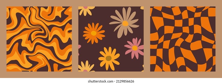 1970 Daisy Flowers, Trippy Grid, Wavy Swirl Seamless Pattern Set in Orange, Brown Colors. Hand-Drawn Vector Illustration. Seventies Style, Groovy Background, Wallpaper. Flat Design, Hippie Aesthetic.