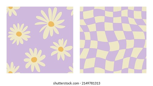 1970 Daisy Flowers and Trippy Grid Seamless Pattern Set in Pastel Lilac Colors. Hand-Drawn Vector Illustration. Seventies Style, Groovy Background, Wallpaper. Flat Design, Hippie Aesthetic.