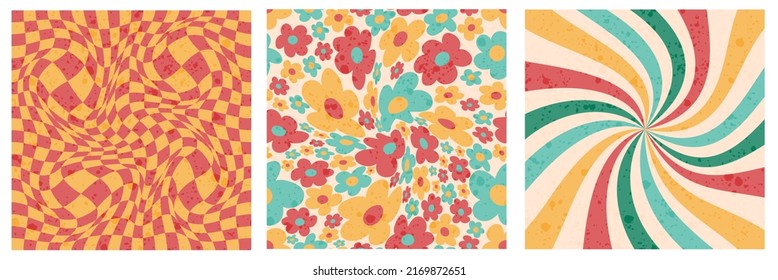 1970 daisy flowers, trippy grid, wavy swirl backgrounds set in retro style. Hand-Drawn Vector Illustration. Seventies Style, Groovy Background, Wallpaper. Flat Design, Hippie Aesthetic