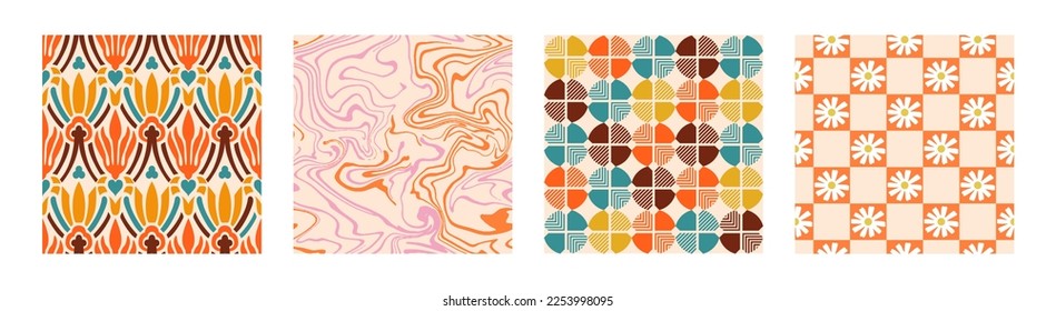 1970 Daisy Flowers, Trippy Grid, Wavy Swirl Seamless Pattern Set in Orange, Pink Colors. Hand-Drawn Vector Illustration. Seventies Style, Groovy Background, Wallpaper. Flat Design, Hippie Aesthetic.