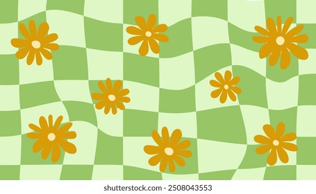 1970 Daisy Flowers and Trippy Grid Seamless Pattern Set in Pastel Colors. Hand-Drawn Vector Illustration. Seventies Style, Groovy Background, Wallpaper. Flat Design, Hippie Aesthetic.