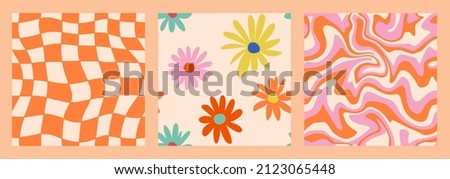1970 Daisy Flowers, Trippy Grid, Wavy Swirl Seamless Pattern Pack in Orange, Pink Colors. Hand-Drawn Vector Illustration. Seventies Style, Groovy Background, Wallpaper. Flat Design, Hippie Aesthetic. Foto d'archivio © 