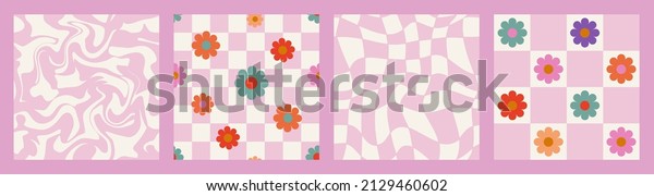 1970 Daisy Flowers, Trippy Grid, Wavy Swirl\
Seamless Pattern Set in White, Pink Colors. Hand-Drawn Vector\
Illustration. Seventies Style, Groovy Background, Wallpaper. Flat\
Design, Hippie Aesthetic.