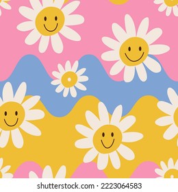 1970 Daisy Flowers and Wavy Seamless Pattern in Yellow, blue and Pink Colors. Hand-Drawn Vector hand drawn flat Illustration. Seventies Style Groovy Background. Hippie funny Aesthetic.