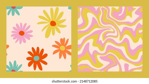 1970 Daisy Flowers and Wavy Swirl Seamless Pattern Set in Yellow, Pink Colors. Hand-Drawn Vector Illustration. Seventies Style, Groovy Background, Wallpaper. Flat Design, Hippie Aesthetic.