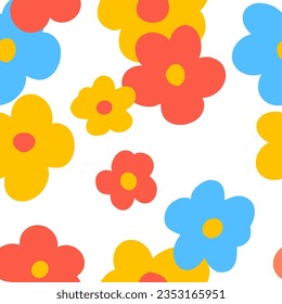 1970 Daisy Naive groovy seamless pattern. Fun colorful Doodle Bright background. Contemporary trendy backgrounds for kids. Scandinavian nursery print