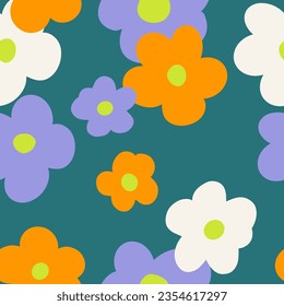 1970 Daisy Naive groovy seamless pattern. Fun colorful Doodle Bright background in green colors. Contemporary trendy backgrounds for kids. Scandinavian nursery print