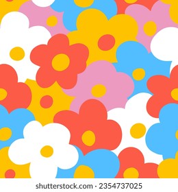 1970 Daisy Naive groovy seamless pattern. Fun colorful Doodle Bright background. Contemporary trendy backgrounds for kids. Scandinavian nursery print