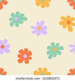 1970 daisy seamless pattern. Hand drawn abstract simple flowers naive groovy background. Doodle boho hippie aesthetic design. Vector illustration.