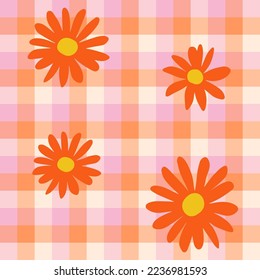 1970 Daisy Seamless Pattern on Orange and Pink Checkered Background. Hippie Aesthetic. Hand-Drawn Vector Illustration, Flat Design. Kids Graphic Wallpaper, Cover or Sticker. 