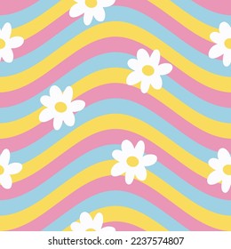 1970 Daisy Seamless Pattern on Cute Rainbow Wavy Lines Background. Hippie Aesthetic. Hand-Drawn Vector Illustration, Flat Design. Kids Graphic Cover, Sticker, Wallpaper.